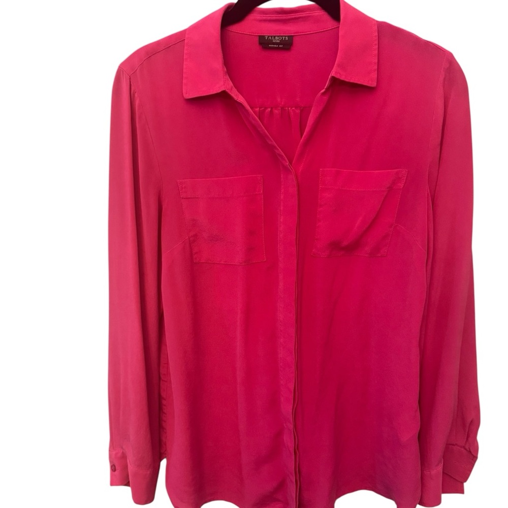 Talbots Pink Notched Collar Sheer Buttoned Blouse washable silk MP